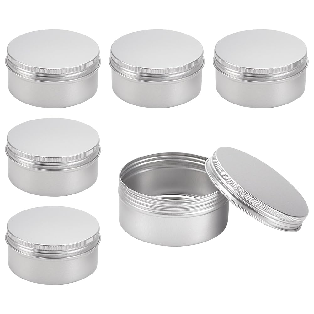 BENECREAT 6 Pcs 200ml Aluminum Tin Jars, Round Aluminum Tin Cans Cosmetic Containers with Screw Lid for DIY Crafts Candle Travel Storage-Platinum