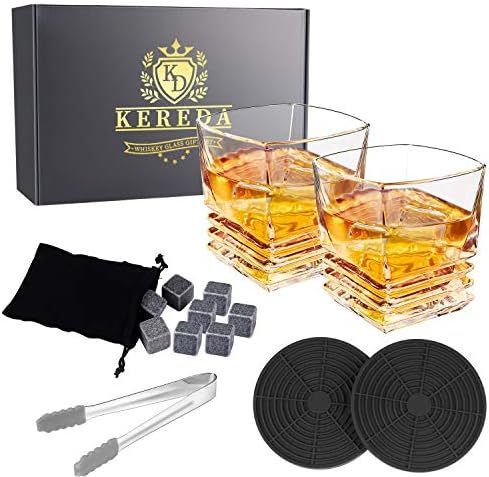 Whiskey Glass and Stones Gifts Set, Kereda Chilling Rocks and 2 Packs Bar Crystal Clear Wine Cups 300ml for Scotch, Brandy, Vodka or Spirit