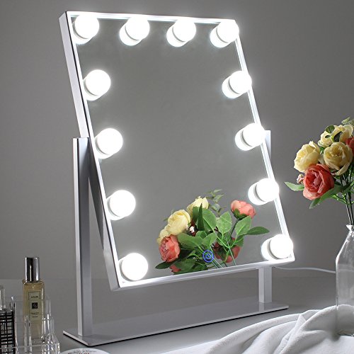 Chende Lighted Tabletop Makeup Mirror with Dimmable Led Lights, Hollywood Professional Makeup Vanity Mirror with Bulbs, 3-color Light Conversion, Touch Control Design (4030 White)