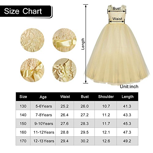 Acecharming Girls Lace Bridesmaid Wedding Dress with Bowknot Princess Prom Party Tulle Gown for 7-8 Year (Champagne) - Thumbnail 2