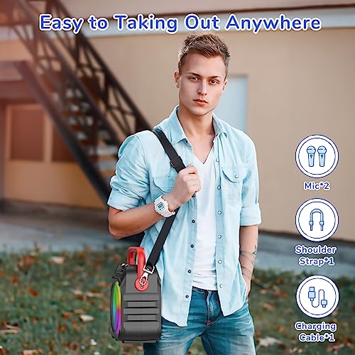 VerkTop Karaoke Machine, Bluetooth Karaoke Speaker Machine for Adults Kids with 2 Wireless Mics, Portable PA System with Colorful LED Party Lights, Supports TWS/USB/Bluetooth/TF/AUX