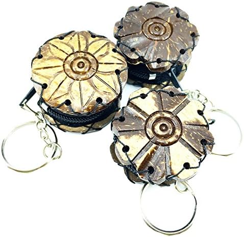 NP Thainess Mini Coin Pouch Purse Key Ring Made of Coconut Wood Unique Style Product Set of 3 Pcs. (Coconut Wood Color)