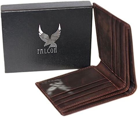 Falcon Men's Genuine Leather Slim Bifold Handmade Wallet and Card Holder in Brown color with Box
