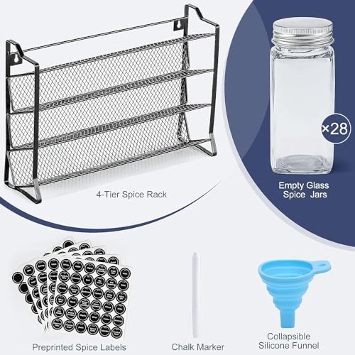 BOOM Spice Rack Organizer, 4-Tier Spice Organizer with 28 Empty Spice Jars and 432 Spice Labels, Organizer for Cabinet for Cabinet, Countertop, Pantry, Cupboard or Door & Wall Mount