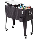 Giantex 80 Quart Rattan Rolling Cooler Cart Outdoor Patio Portable Party Drink Beverage Bar Cold Beach Chest Cart on Wheels, Brown Wicker, 32.7''(L) X18.9''(W) X43.3''(H)