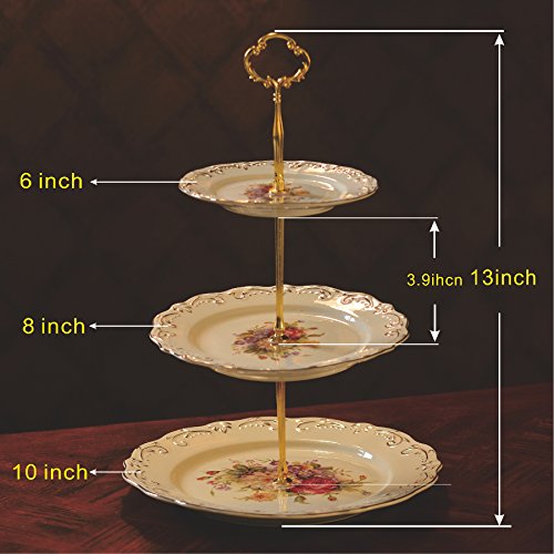 YOLIFE Flowering Shrubs Pattern 3 Tiered Cupcake Stand,Emboss Golden Leaves Edge Tea Party Pastry Tower,6-8-10 inch - Thumbnail 4
