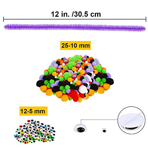 440 Pieces Halloween Pom Pom and Pipe Cleaner Kit Including 140 Pieces Chenille Stem, 130 Pieces Pom Poms and 170 Pieces Wiggle Googly Eyes for Craft DIY Art Supplies