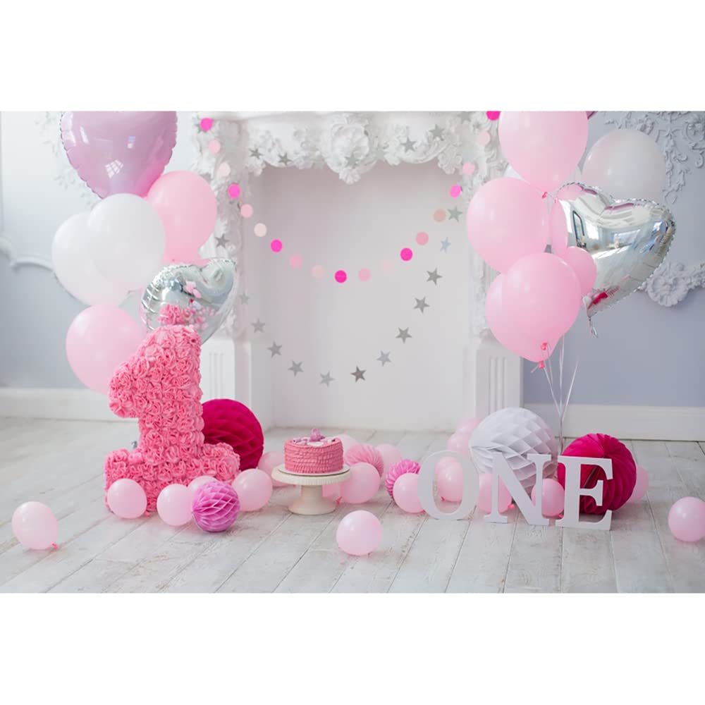 Aoihrraan 1,5x1m Kids 1st Birthday Backdrop Pink Balloons Flowers Cakes Wood Floor Photography Background Cake Smash Children Girls Little Princess Birthday Party Room Decor Photo Studio Props