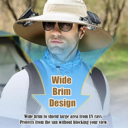 Solar Fan Sun Hat Wide Brim Hat Outdoor Wide Brim Sun Hat with 2 Solar Fan Fishing Hat, Hat UPF 50+, Removable & USB Charging