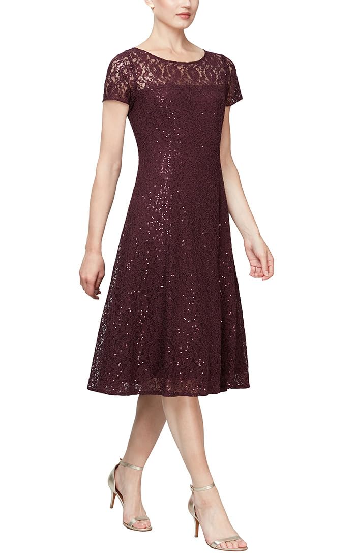 S.L. Fashions Women’s Tea Length Cap Sleeve Lace A-Line Dress, Fig Sequin, 14