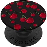 Cherry Cherries Pattern On Black Background Cute For Girls PopSockets Adhesive PopGrip
