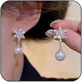 Christmas Snowflake Earrings for Women Sparkly CZ Winter Snowflake Pearl Tree Stud Earrings Christmas Holiday Gifts (A-Pearl,Silver)
