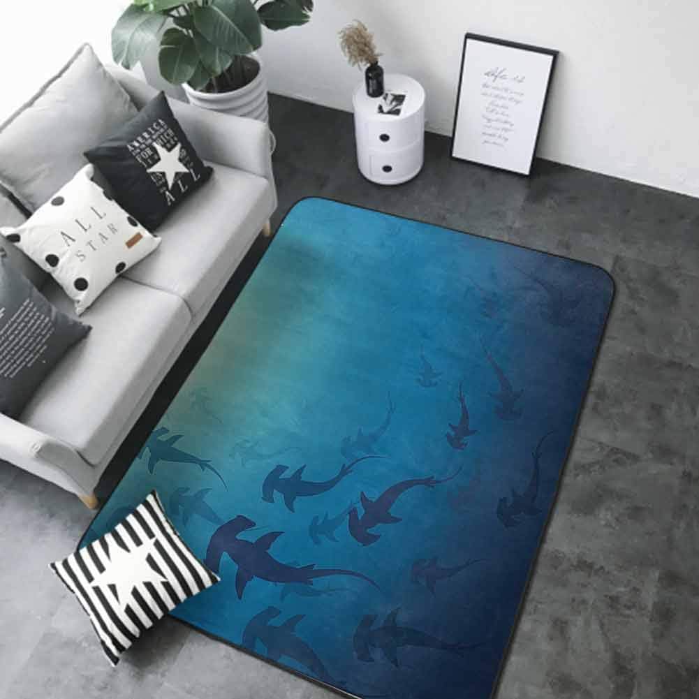 Indoor Super Absorbs Doormat Sea Animals Decor,Hammerhead Shark School Scan Ocean Dangerous Predator Wild Nature Illustration,Navy Blue 60"x 96" Contemporary Synthetic Rug