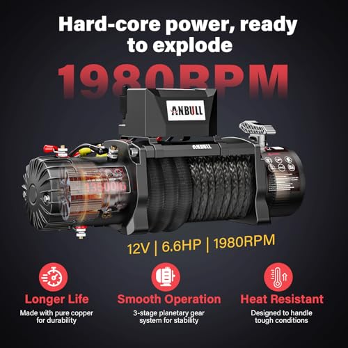 Anbull Electric Winch 12 V 13500 LBS/6150 kg, Synthetic Rope 9.5 mm x 26 m, IP67, 6.6 HP, Compatible with 4X4, Quad, Crosser, 4X4 Off-Road Jeep, Toy, Boat Trailer