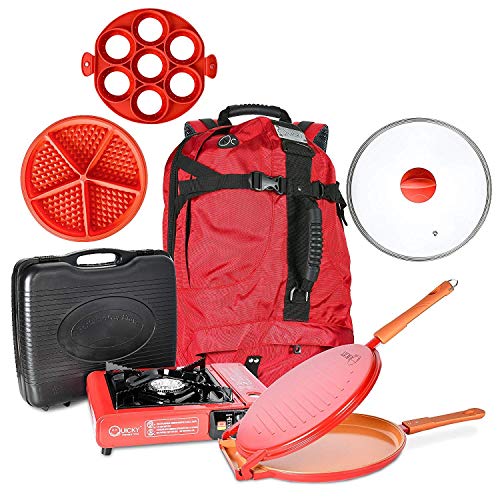 Dazone Camping Stove Set 7 Pieces, Camping Cookware Kit Backpacking Gear with Non Stick Copper Pan, Portable Outdoor Gas Stove, Glass Lid, Round and Waffle Mold, Carry Case for Backpacking