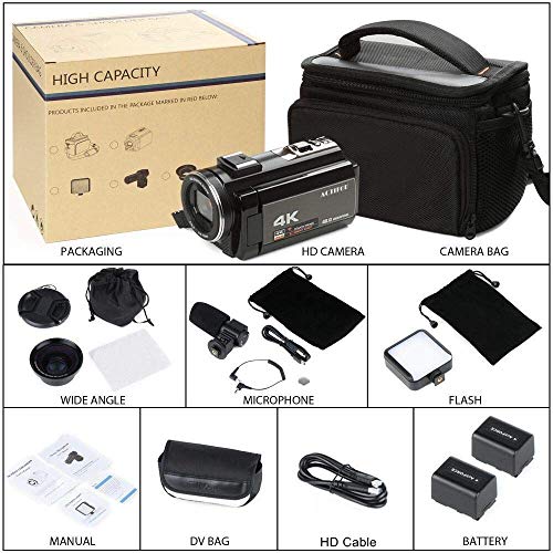 ACTITOP-Videocmara-4K-48-MP-Full-HD-1080p-WiFi-IR-visin-Nocturna-16X-Zoom-Digital-videocmara-con-micrfono-Externo-Lente-Gran-Angular-luz-de-vdeo-LED-y-Bolsa-de-cmara