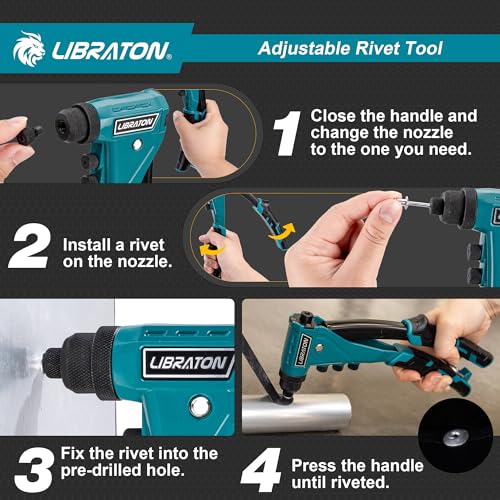 LIBRATON Heavy Duty Rivet Pliers, Pop Rivet Pliers, Professional Manual Riveter Riveting Tool with 160 Rivets, Includes 4 Tips, 4 Interchangeable Nozzles Without Tools, for Repair