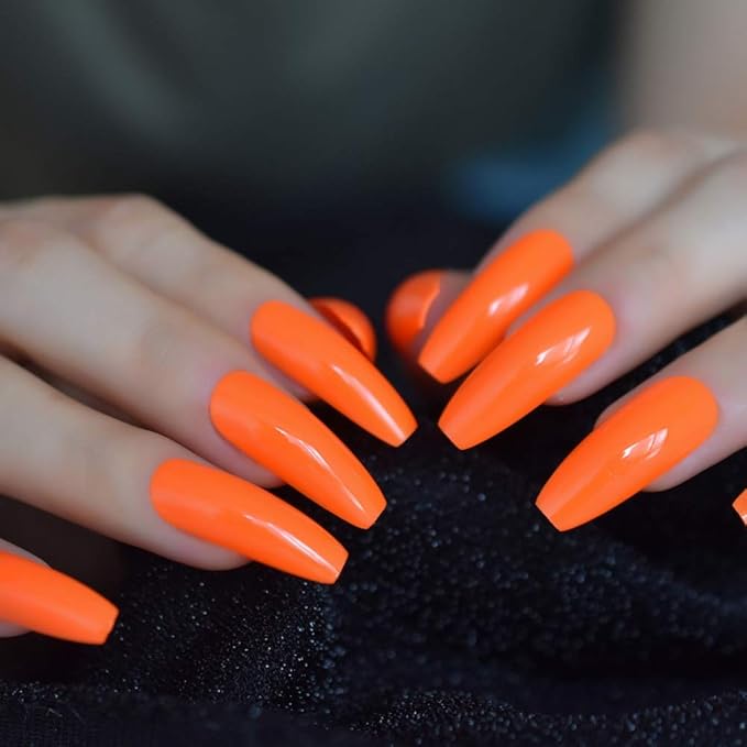 EchiQ Fashion Solid Color Neon Orange Extra Long Ballerina Coffin UV False Nails Flat Finger Fake Nail Press on Party Salon Nail Art: Amazon.co.uk: Beauty