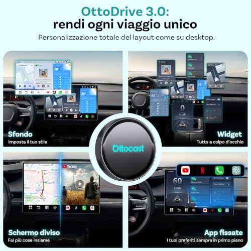 OTTOCAST P3 Pro AI Box, Adattatore CarPlay wireless e Android Auto, 8+128GB | 3 in 1 OttoAibox con Android 13, Uscita HDMI, Download di app, Schermo diviso, Nano-SIM, Cloud SIM e supporto MicroSD