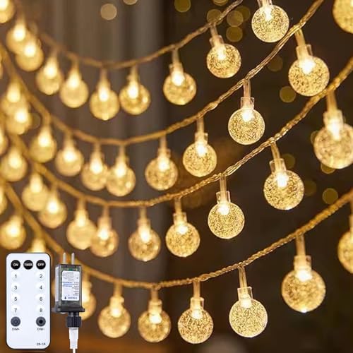 Photo 1 of Minetom Crystal Globe String Lights Plug in - 66 ft 200 LED Globe Fairy String Lights with Remote and Timer, Waterproof for Bedroom Tent Loft Bed Window Porch Patio Wedding Holiday Decor, Warm White