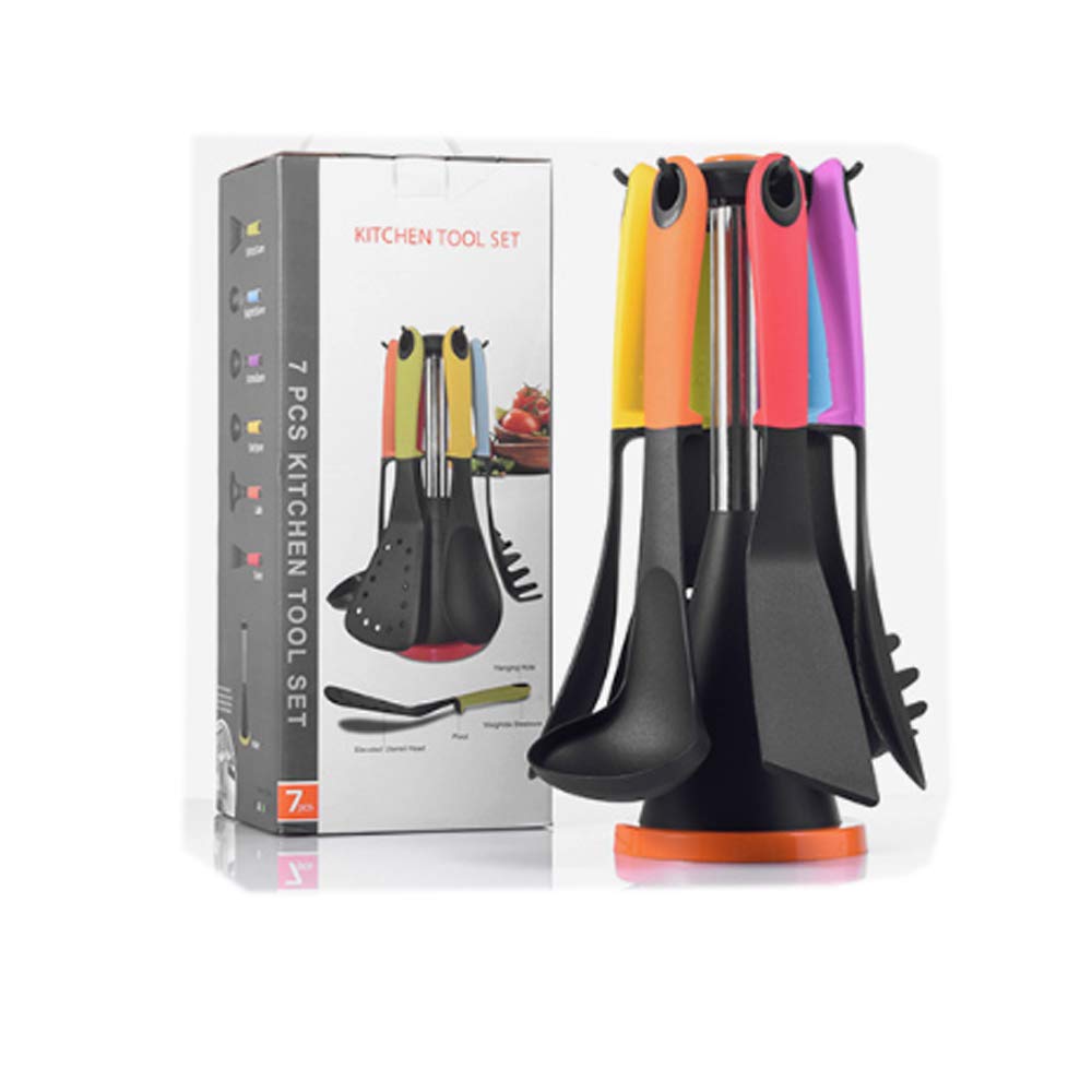 Silicone 7 Piece Cooking Utensils Set with Carousel Holder -Kitchen Utensils Non-Stick Pan Heat Resistant Nylon Silicone Baking Set Hygienic Kitchen Cooker Cooking Kitchenware Set (Multicolor 7PCS)