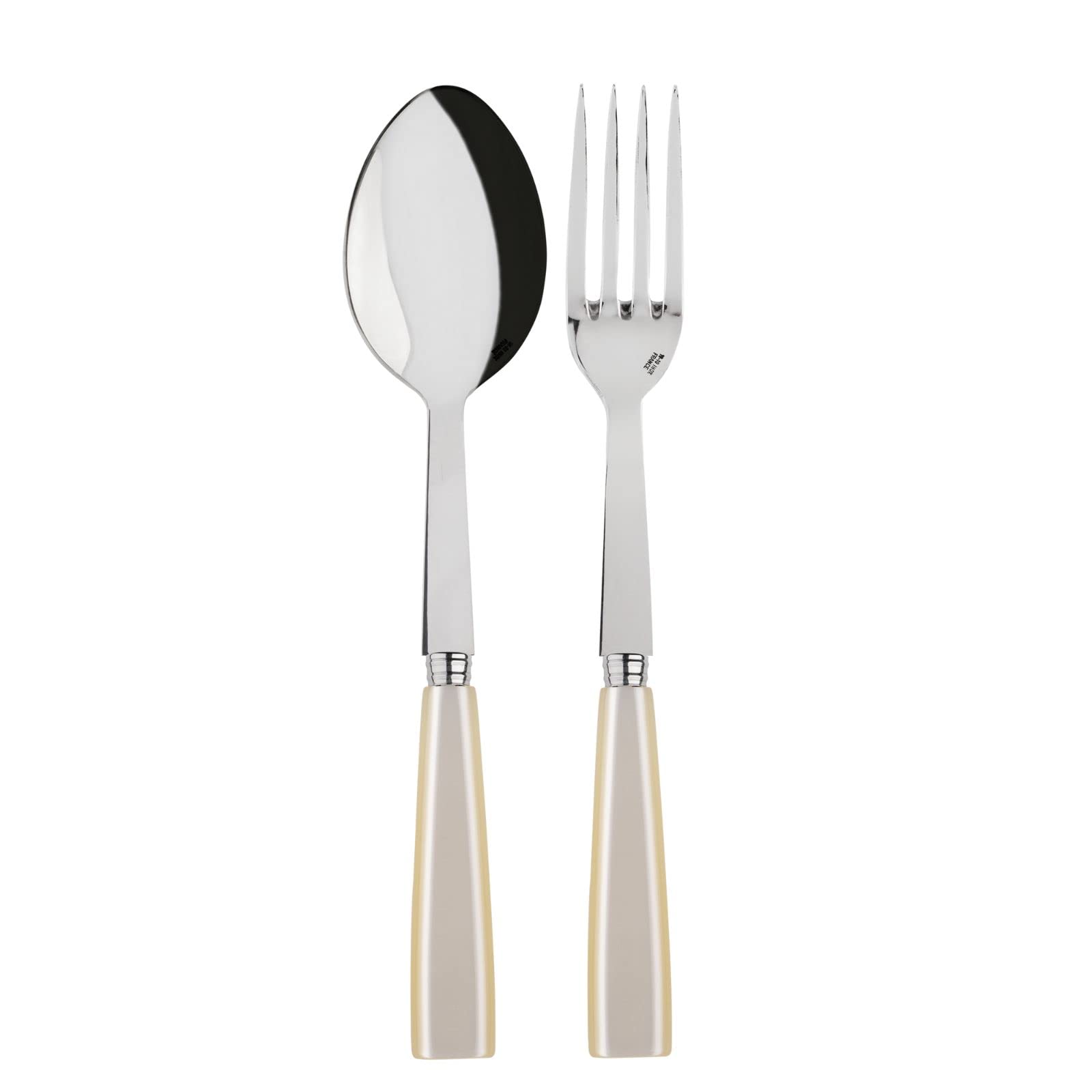SABRE PARIS - 2-Piece Serving Set - Icône Collection - Large Fork & Large Spoon - Stainless Steel & Acrylic - Dishwasher Safe - Pearl