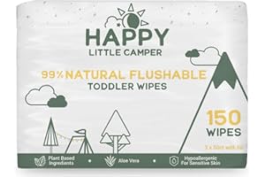 Happy Little Camper Natural Flushable Baby Wipes with Aloe Vera and Chamomile Extract, Chlorine-Free, Unscented Wet Wipes, Hypoallergenic, Gentle on Sensitive Skin, Septic Safe, 150 Count