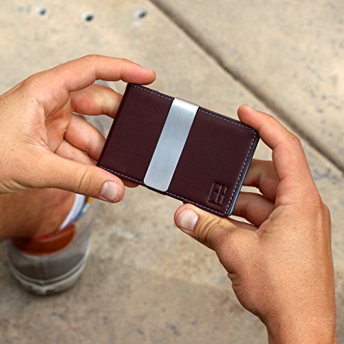 F&H Minimalist Slim Leather Wallet Money Clip Holds 8 Cards (Brown