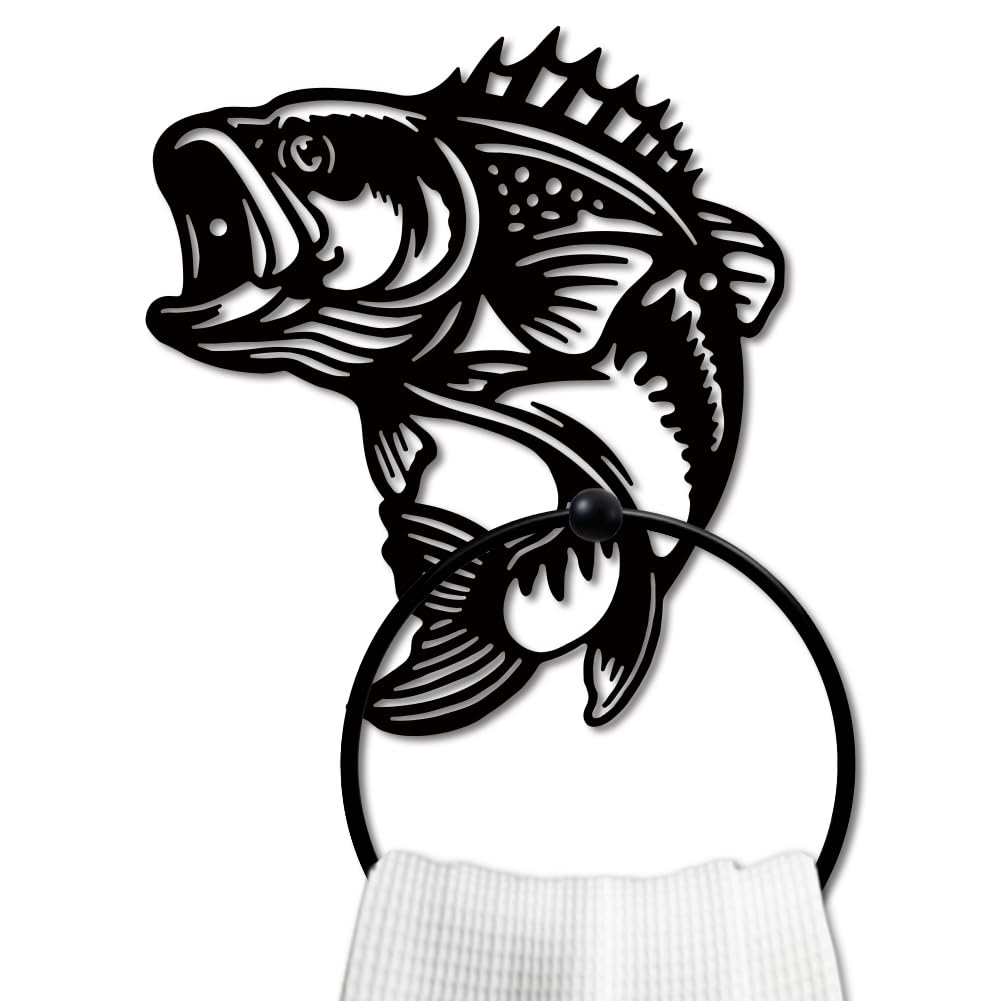 Photo 1 of MAYJOYDIY Fish Metal Towel Ring Fishing Theme Towel Holder Animal Bath Towel Ring for Wall Black Art Towel Rack Wall Mounted for Bathroom Kitchen Towel Hanger Home Decors Gift