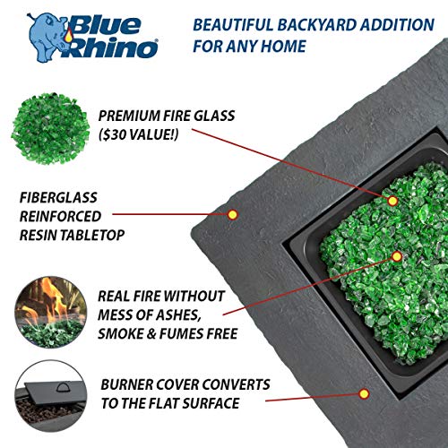 Blue Rhino Outdoor Propane Gas Fire Pit with Rock Top and Green Fire Glass - Add Warmth and Beauty to Your Backyard