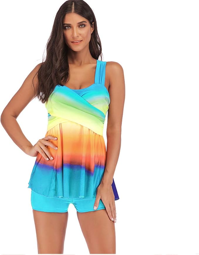 NACOLA Damski kolorowy blok tęczowy tankini strój kąpielowy z szortami