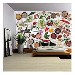 Large herb Food Seasoning Sampler Over Distressed White Wood Background. - Removable Wall Mural | Self-Adhesive Large Wallpaper - 66x96 inches