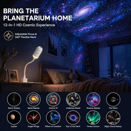 Bukbas 2-in-1 Galaxy Projector Night Light, Starry Sky Projector Children | 360° Adjustable USB LED Starry Sky Projector with 12 Sliding Projection Films for Car Bedroom Party Gifts