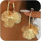 Dainty Gold Boho Textured Flower Hoop Earring for Women, Statement Unique Ginkgo Leaf Floral Petal Drop Dangle Earrings Vintage Party Holiday Jewelry