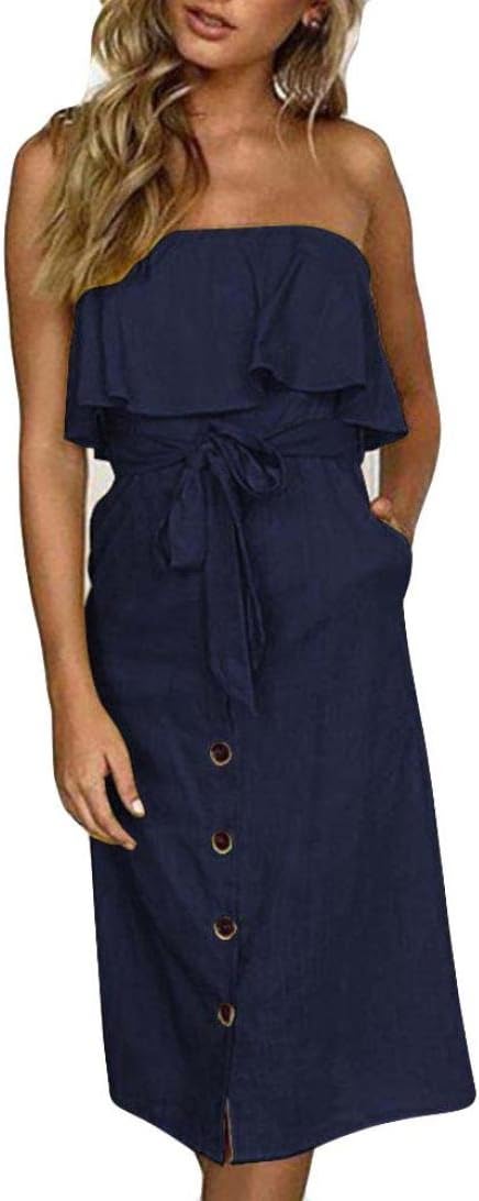 SMILEQ Casual Dress Womens Off Shoulder Bardot Midi Sundress Ladies Summer Ruffle Belted Frill Skirt