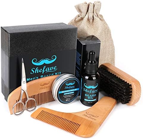 Shefave Beard Kit, Beard Grooming Kit for Men Gift Set (100% Pure Boar Bristle Brush, Wooden Beard Comb, Beard Oil, Beard Balm, Beard Shaping Tool & Trimming Scissors) (Version1)
