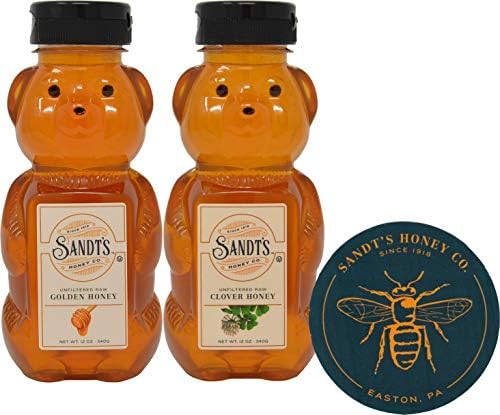 Sandt's Unfiltered Raw Honey Variety Pack, Pure Clover & Golden Honey Bears with Sandt's Honey Magnet