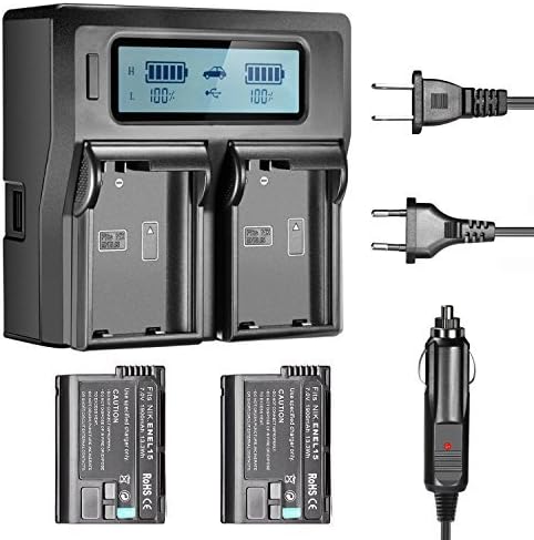 Neewer Dual LED Display Battery Charger with 2 Pieces Rechargeable Nikon EN-EL15 Replacement Battery, for Nikon D800 D800E D610 D7000 DSLRs, MB-D17 MB-D15 MB-D12 Battery Grip(US/EU Plug, Car Adapter)