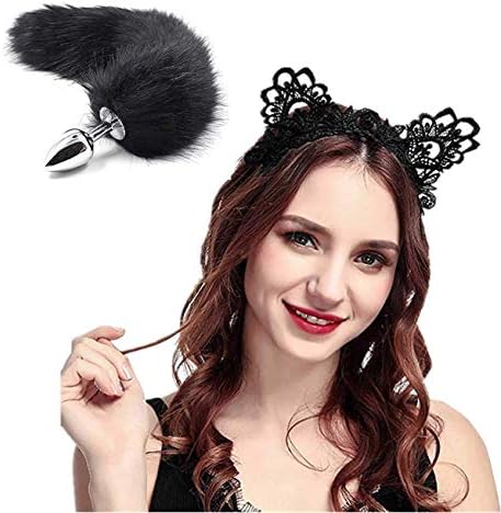 Fox Tail Cat Metal Ear Butt Lace Love Gift for Women Party Costume Cosplay Sexy Role Play Halloween Toys Fashion Dress Up (Black)