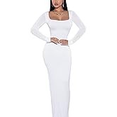 Doweha Women's Square Neck Long Sleeve Maxi Dress Sexy Knit Bodycon Long Dress for Women