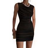 GOKATOSAU Women's Summer Sleeveless Round Neck Mesh Full Ruched Bodycon Mini Dress