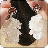 White Flower Seashell Dress Women Earrings Dainty Large Sea Shell Floral Dangling Earring Coastal Beach Tropical Statement Bohemian Jewelry Hawaii Gifts