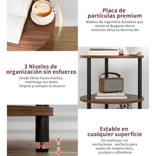 Simple Wisdom Mesa Auxiliar,Mesa Auxiliar Sala Redonda Lateral 3 Niveles,Mesita de Noche,Buros para Recamara,para Sala de Estar, Dormitorio, Estilo Industrial,Tamaño: 30 * 30 * 70 CM. (Color Nogal)