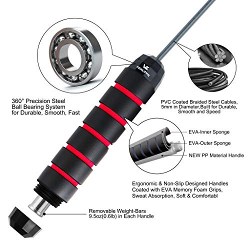 VOXLOVA Weighted Speed Jump Rope - Removable Weights, Adjustable Wire Steel Cable, Memory Foam Handles, Professional Skipping Rope for Cardio Fitness Workouts (9.5oz Weight bar-Black)