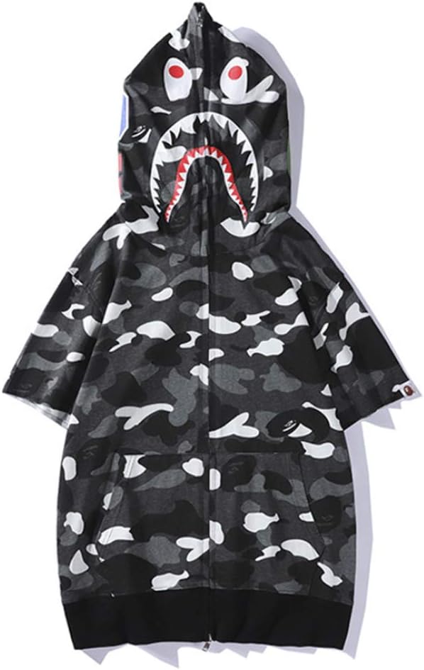 YGBH Mens 3D Printed Camouflage shark Hoodies Sleeve Hoodie Sweatshirt Women and Men coat Full Zip Sweater,Black,M