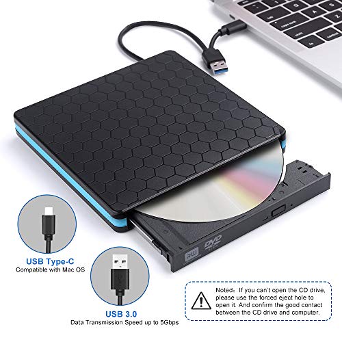 External CD Drive, Optical Drive with USB3.0 & Type-C for VCD/DVD/CD -ROM/ -R/ +R /-RW, CD Burner/Reader/Writer for Laptop/PC/Desktop/MacBook, Suitable for Windows/Linux/MAC OS [Not for Chromebook]