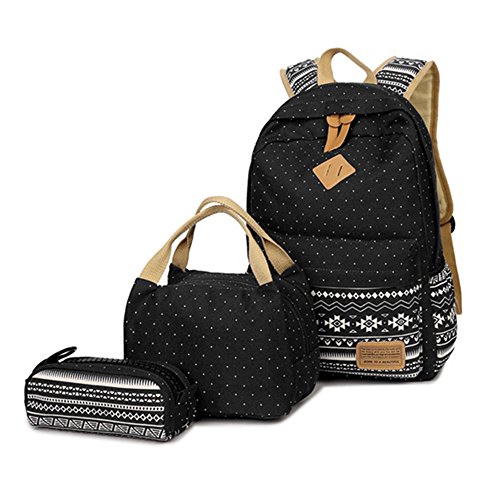 HITOP Geometry Polka Dots Casual Canvas Backpack + Lunch Bags + Pen Case Bags Set (Black) HITOP Geometry Polka Dots Casual Canvas Backpack + Lunch Bags + Pen Case Bags Set (Black)