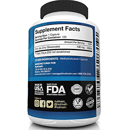 Nutrivein Premium Zinc Gluconate 100mg 120 Capsules Immunity