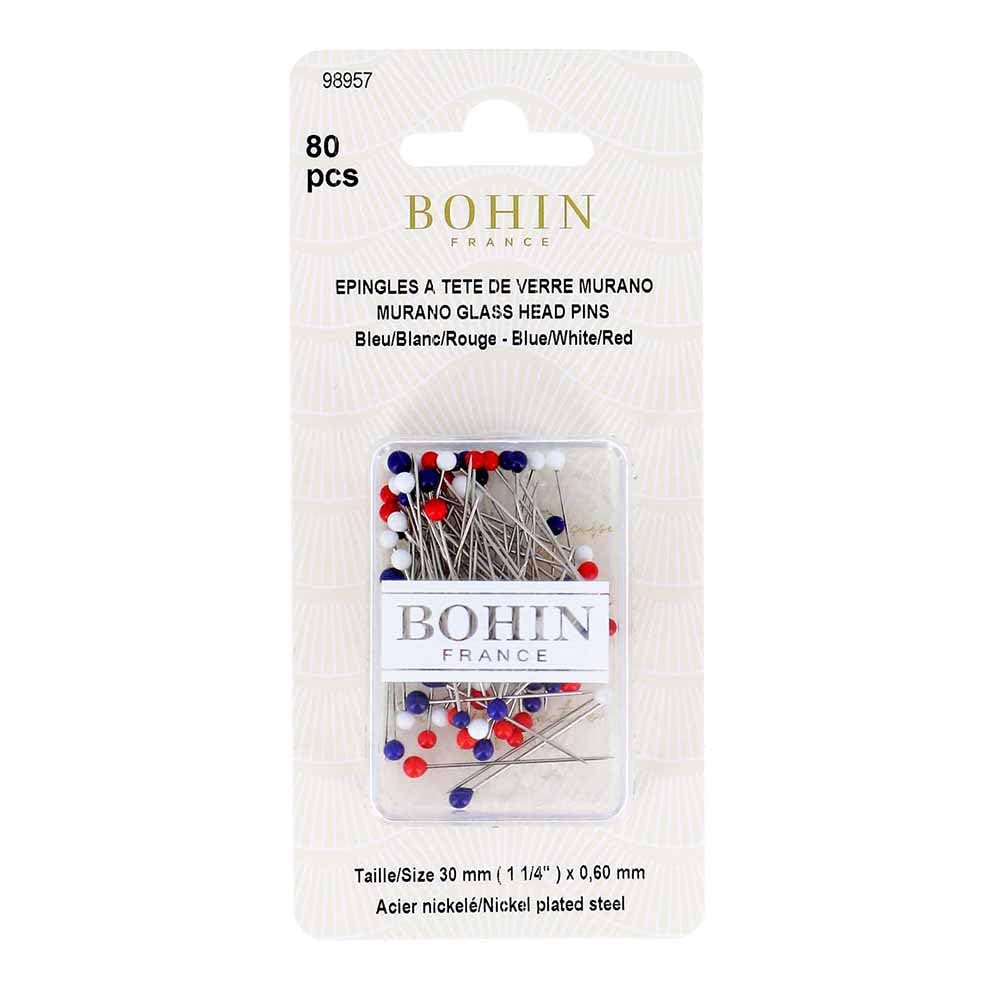 Bohin Glasshead Pins, Blue/Red/White, 30 x 0.6 mm