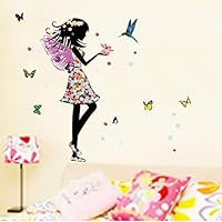 Alrens_DIY(TM)Angel Wings Beautiful Girl Flowers Butterfly DIY Wall Stickers Removable Home Decoration Living Room Bedroom Girl